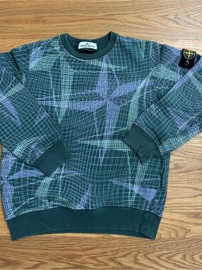 Stone Island Dark Green Grid-Print Crewneck Sweater